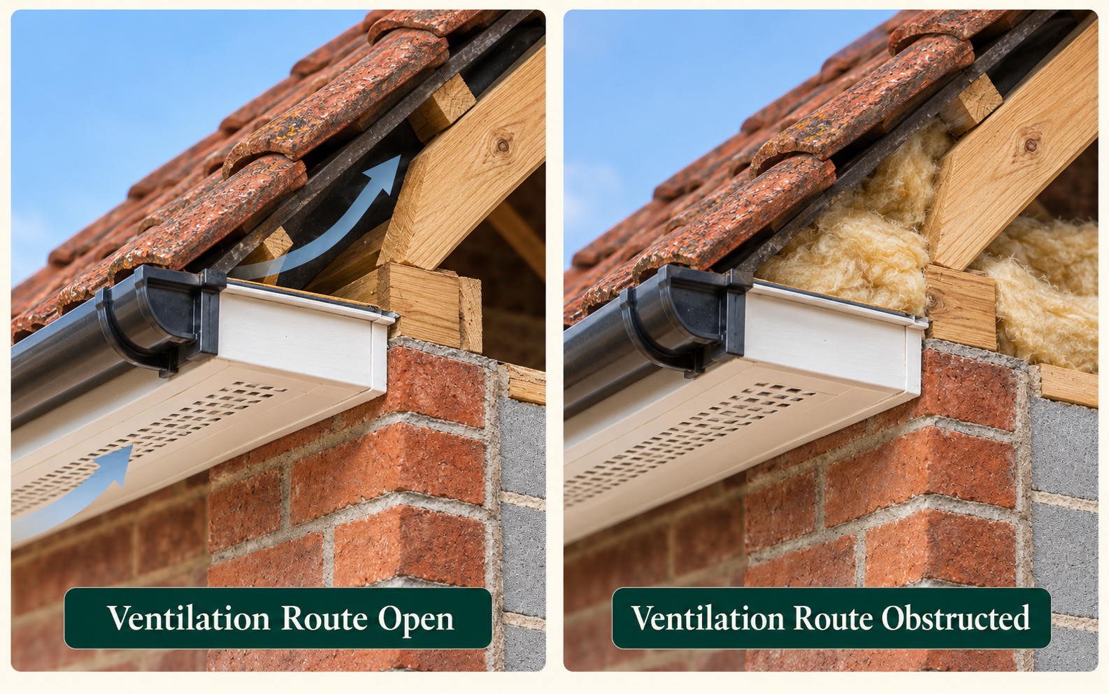 Two panels: an eaves ventilation route left open, and a similar route blocked by displaced insulation.