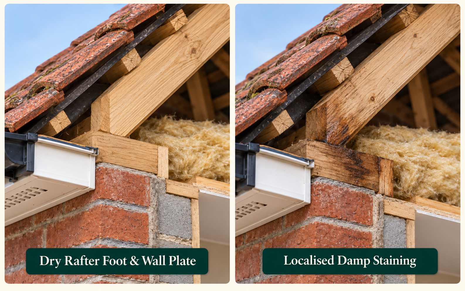 Two panels: dry rafter feet and wall plate, and localised damp staining at a rafter foot.