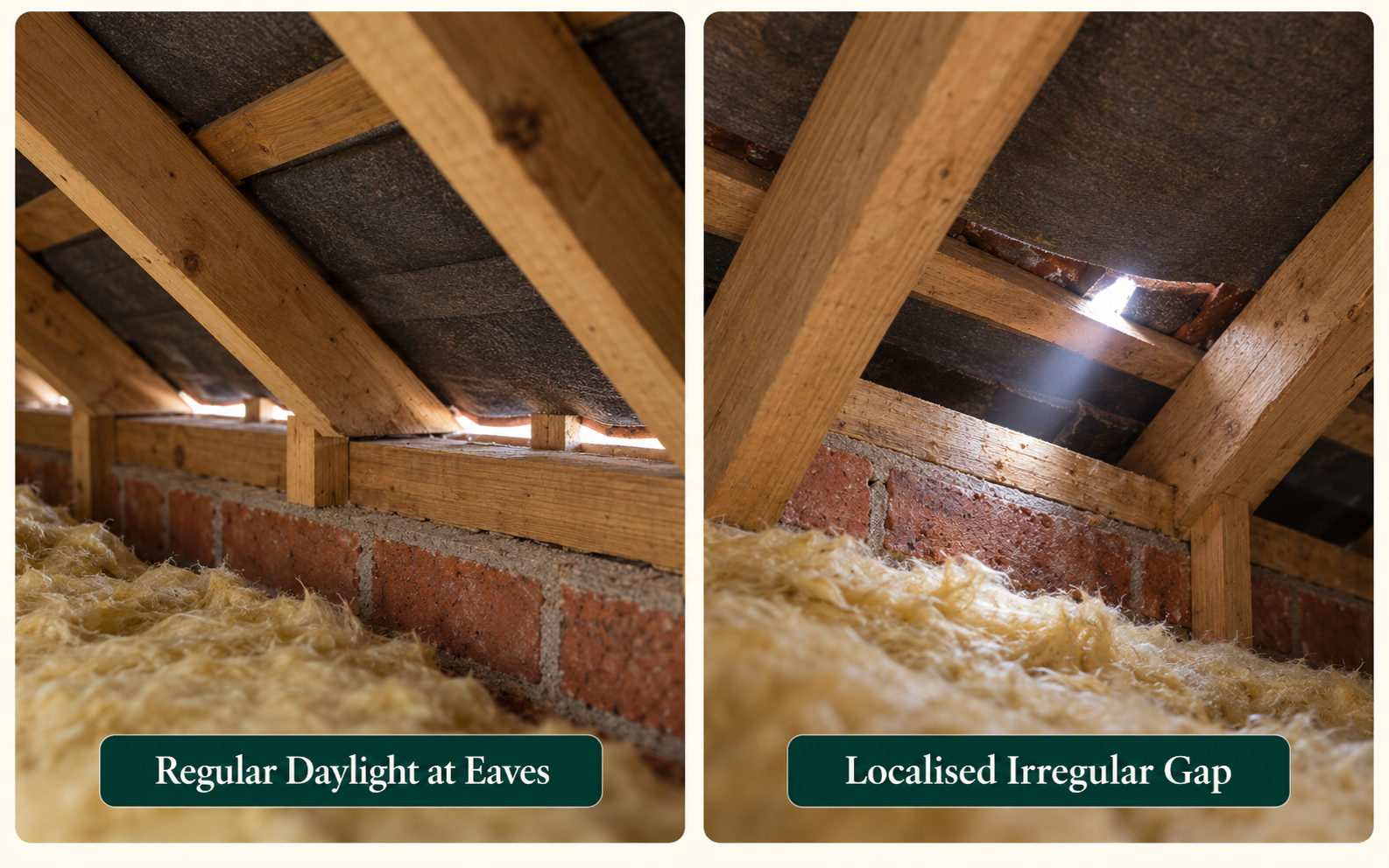 Two panels: a regular line of daylight at an intended eaves opening, and a localised irregular gap.