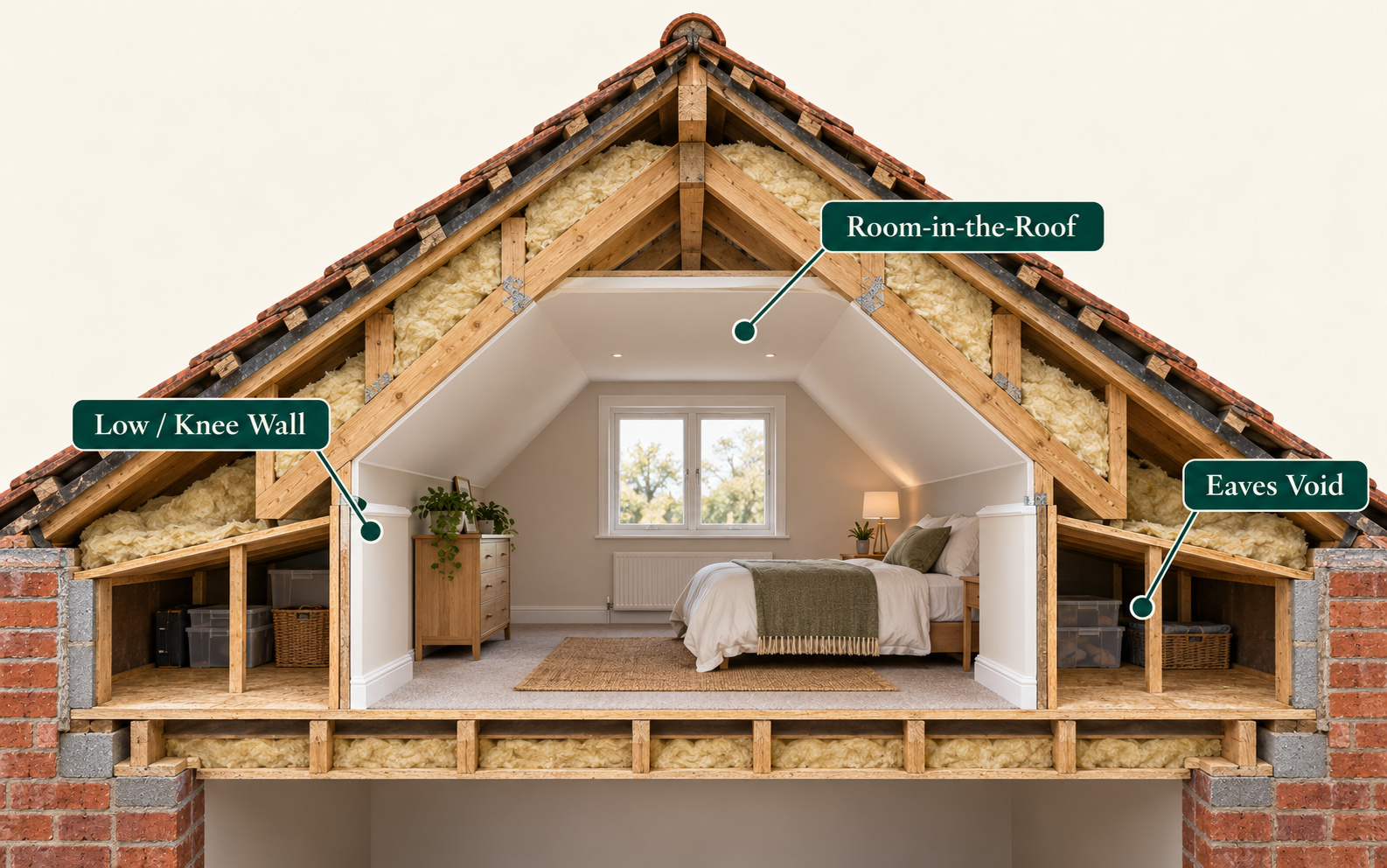 Diagram of a room in the roof with a low knee wall and an accessible eaves void behind it.