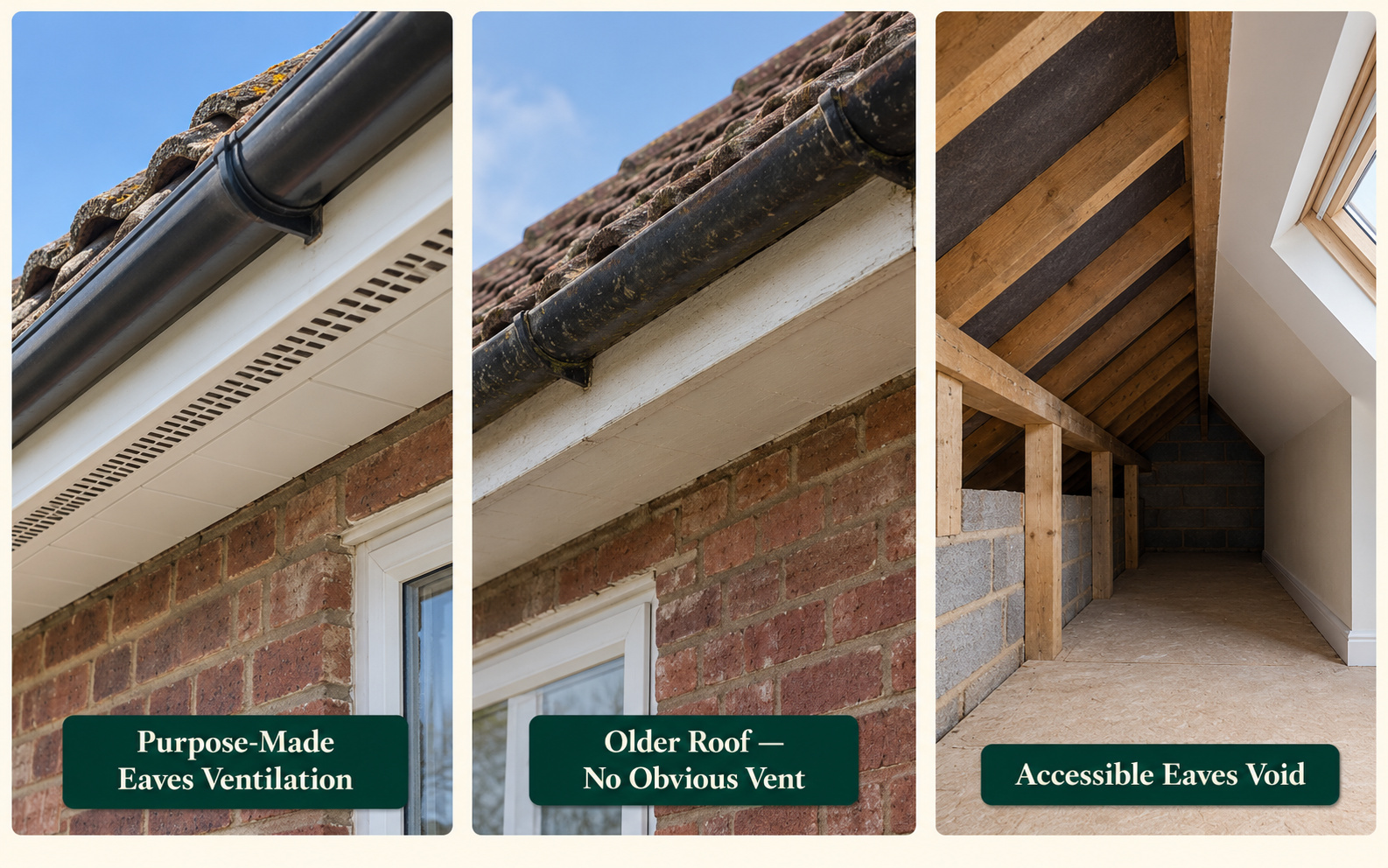 Three panels: purpose-made eaves or soffit ventilation, an older roof with no obvious vent, and an accessible eaves void beside a converted loft.