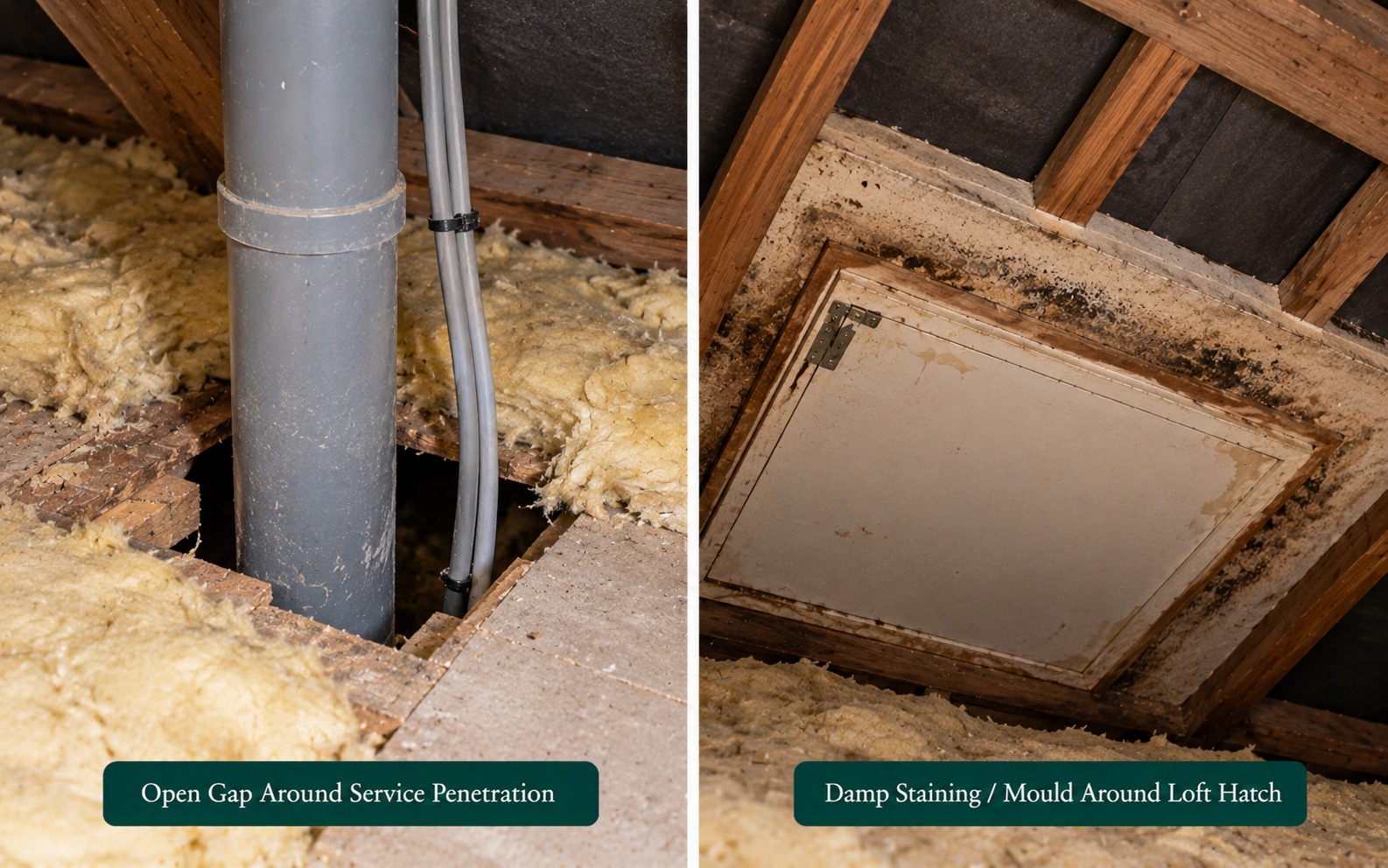 Two panels: an open gap around a service penetration, and damp staining around a loft hatch.