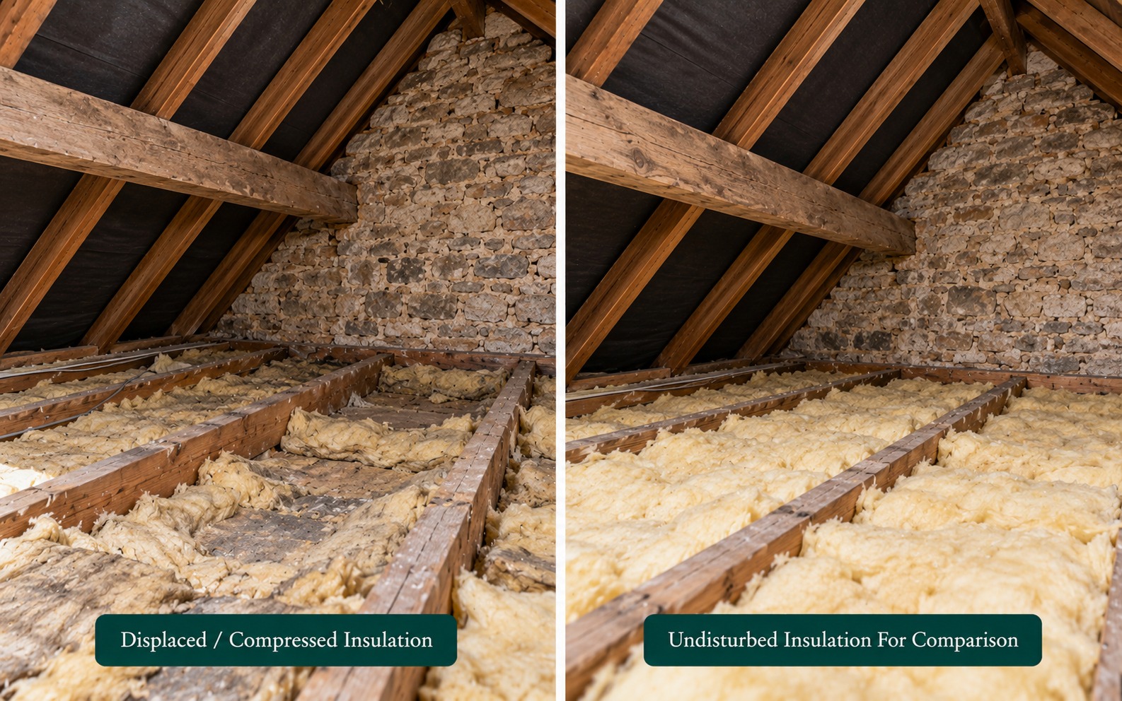 Two panels: displaced or heavily compressed insulation, and an undisturbed area for comparison.