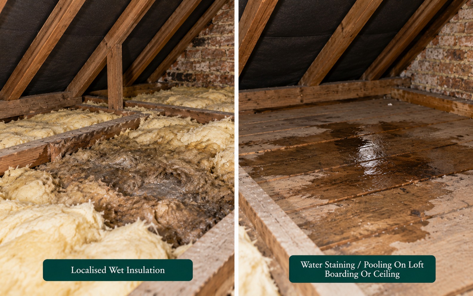 Two panels: localised wet insulation surrounded by dry insulation, and water staining on loft boarding.