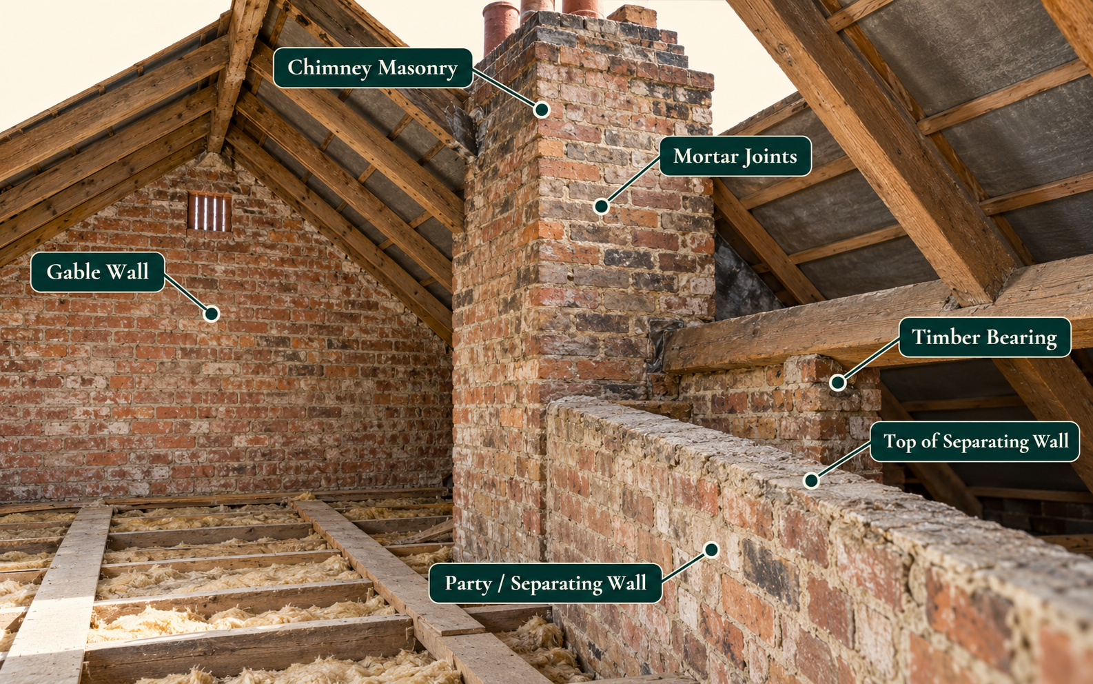 Terraced or semi-detached roof space labelling the party wall, gable wall, chimney masonry, mortar joints, a timber bearing and the top of the separating wall.