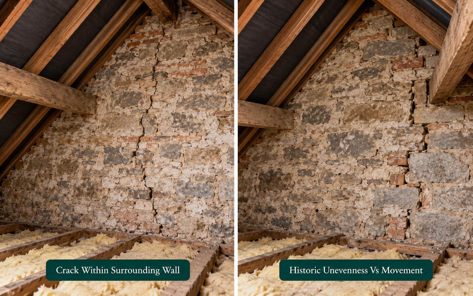 Two panels: a crack shown within the surrounding wall, and ordinary historic unevenness beside more significant displacement.
