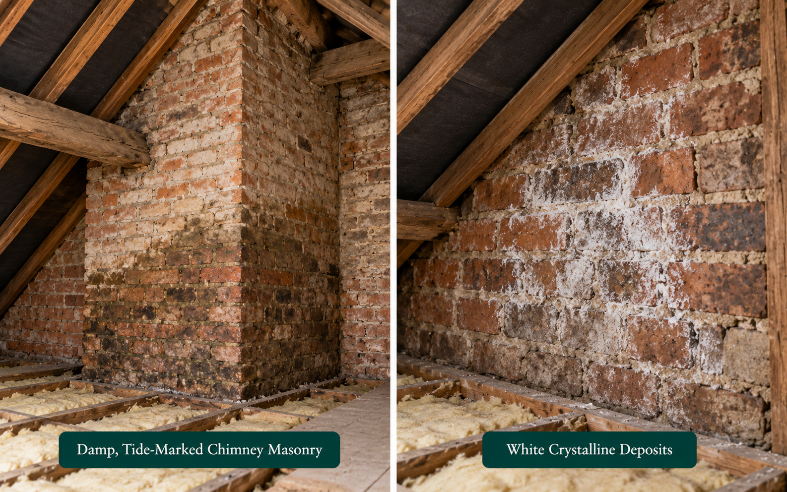 Two panels: damp, tide-marked chimney masonry, and white crystalline deposits on brick.