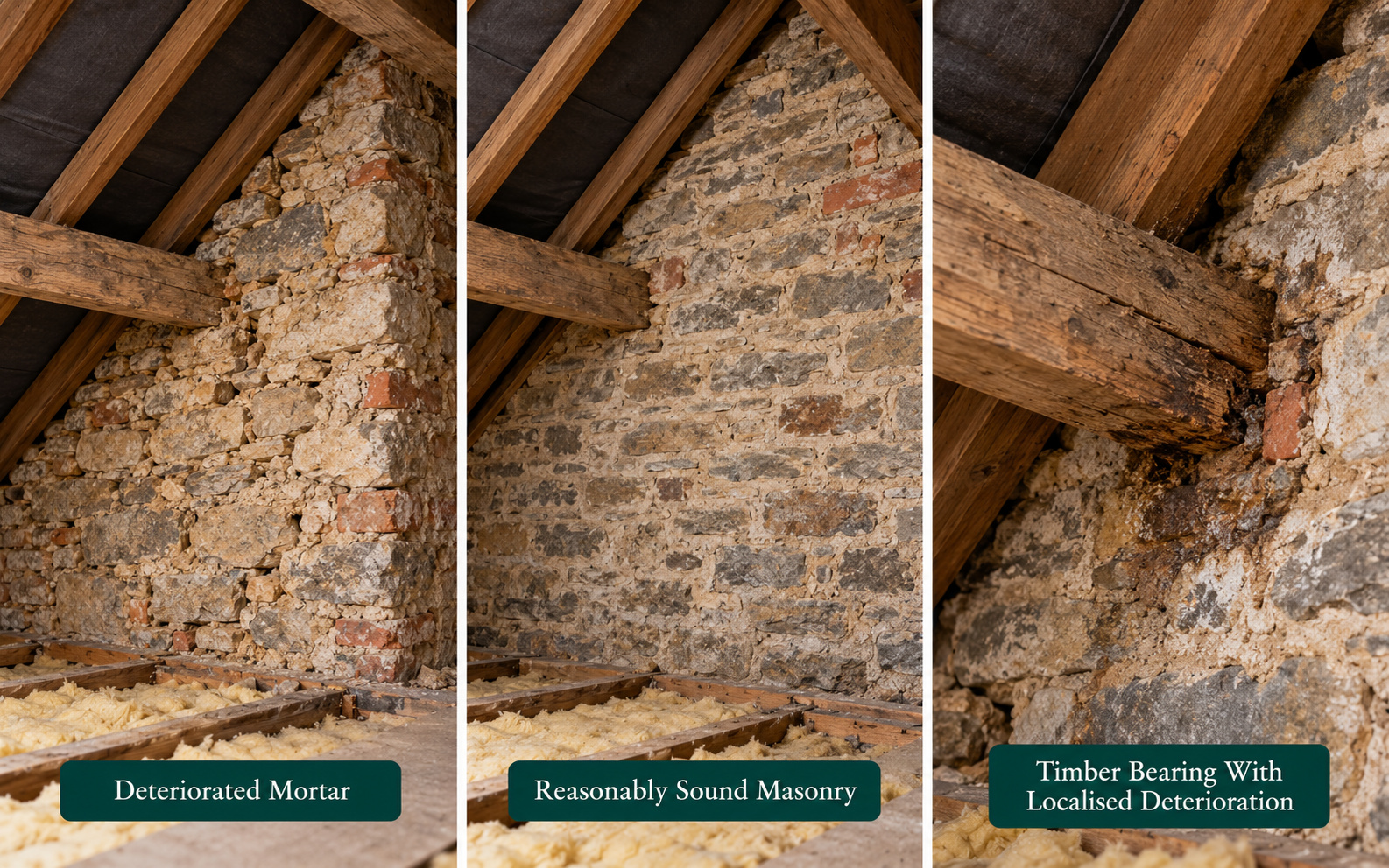 Three panels: deteriorated mortar, sound mortar nearby for comparison, and a timber bearing into masonry with deterioration around it.