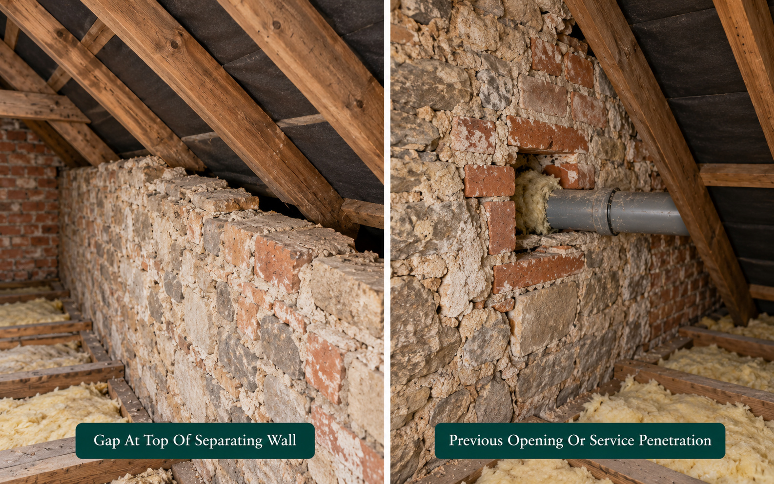 Two panels: a gap at the top of a separating wall, and a previous opening through loft masonry.