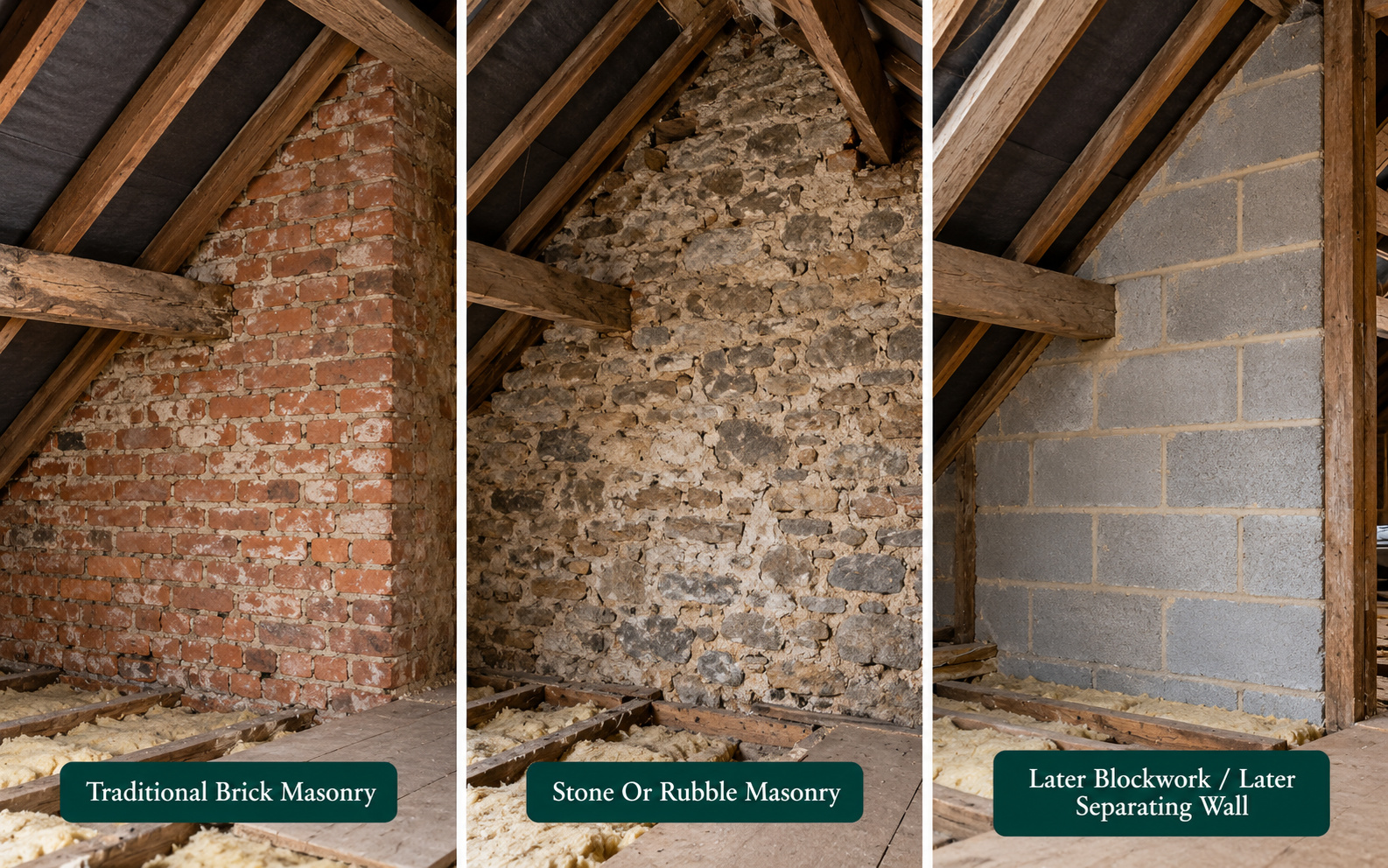 Three panels: traditional brick masonry, stone or rubble masonry, and later blockwork.