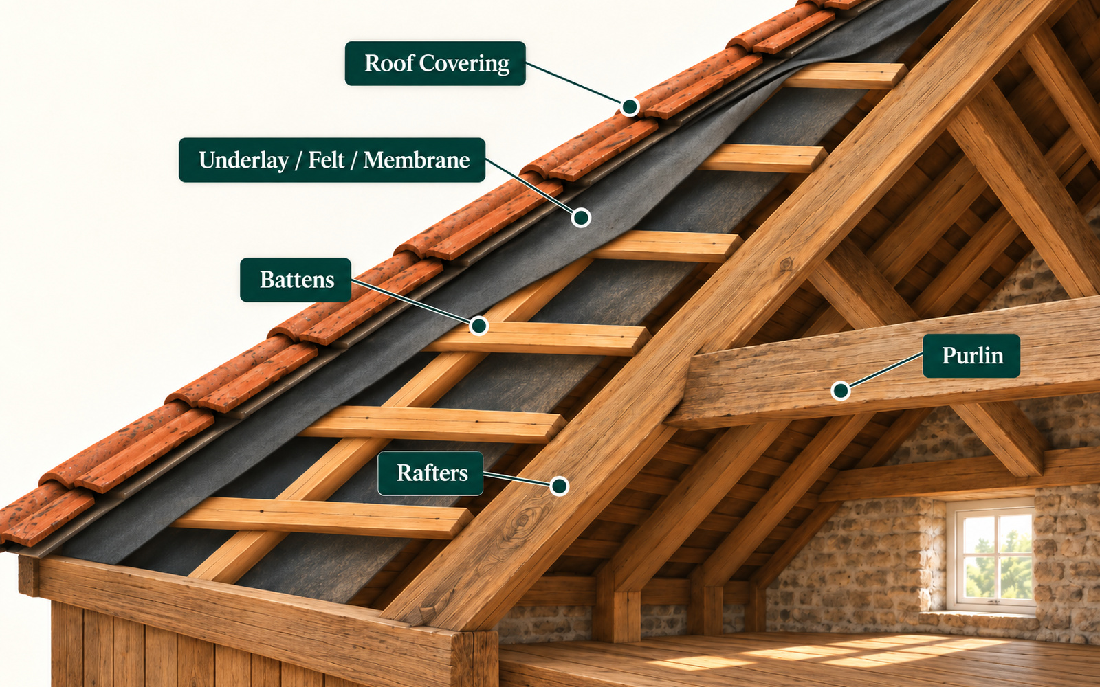Cutaway of a pitched roof labelling the roof covering, underlay, battens, rafters and purlin.