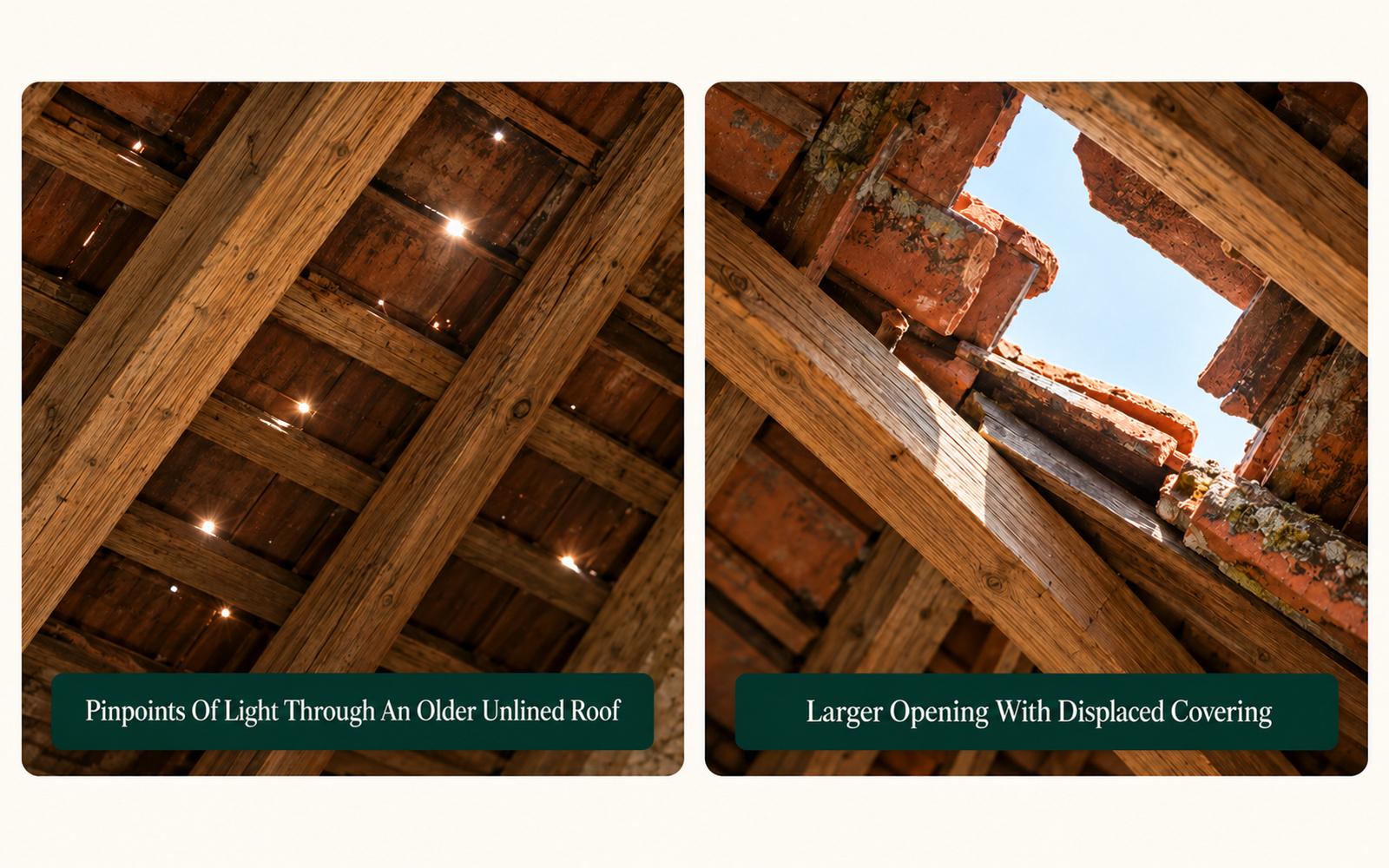 Two panels: small points of daylight through an older unlined roof, and a larger opening where the roof covering has been displaced.