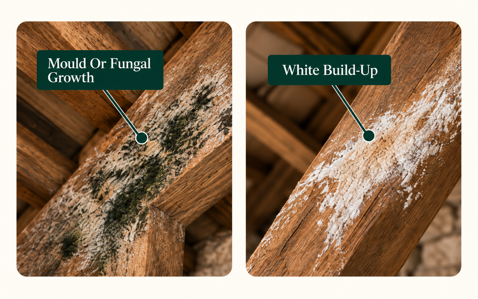 Two panels: mould or fungal growth on damp roof timber, and white build-up on a cold surface.