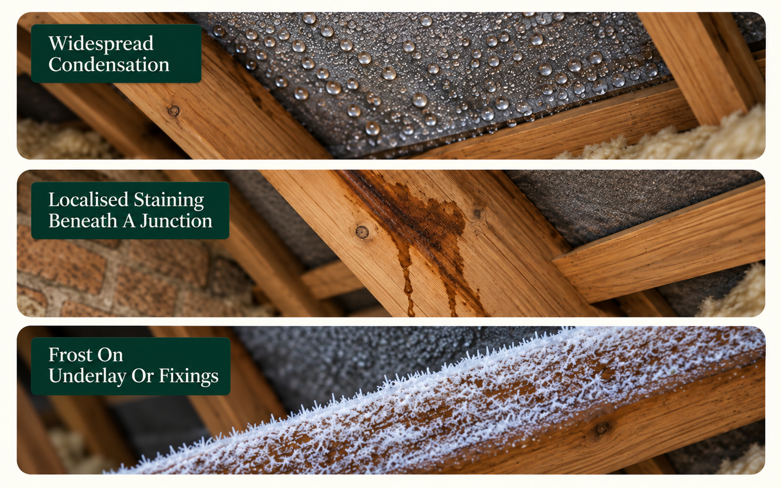 Three panels: widespread condensation droplets on a roof surface, localised staining beneath a roof junction, and frost on underlay and fixings.