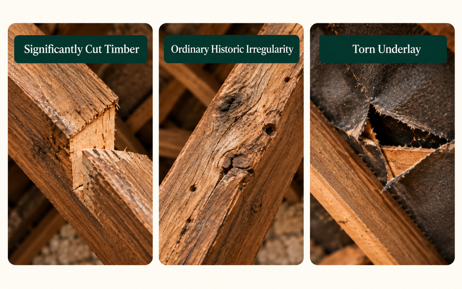 Three panels: a significantly cut roof timber, ordinary historic irregularity in roof timbers, and torn roof underlay.