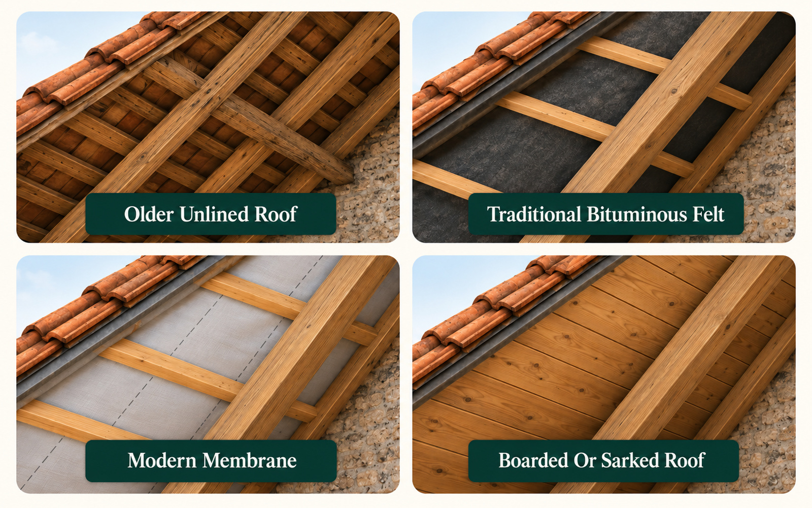 Four panels showing an unlined roof with tiles and battens visible, traditional bituminous felt, a modern membrane, and a boarded or sarked roof.
