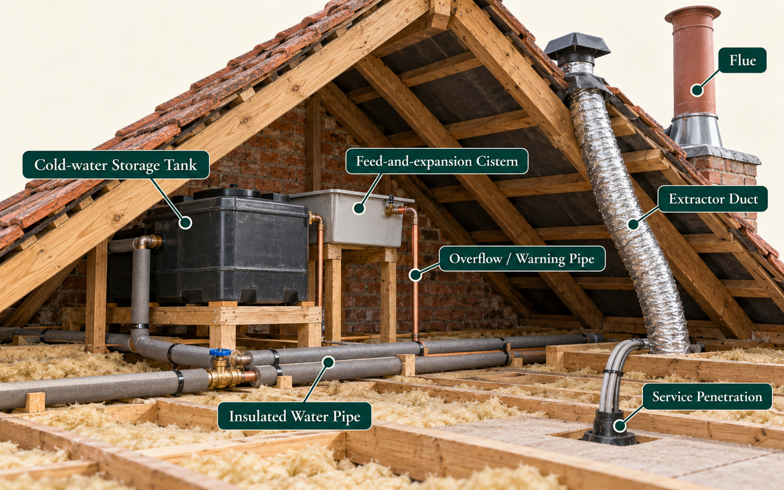 Roof space showing possible services: a cold-water storage tank, a feed-and-expansion cistern, insulated pipes, an overflow pipe, an extractor duct, a flue and service penetrations.