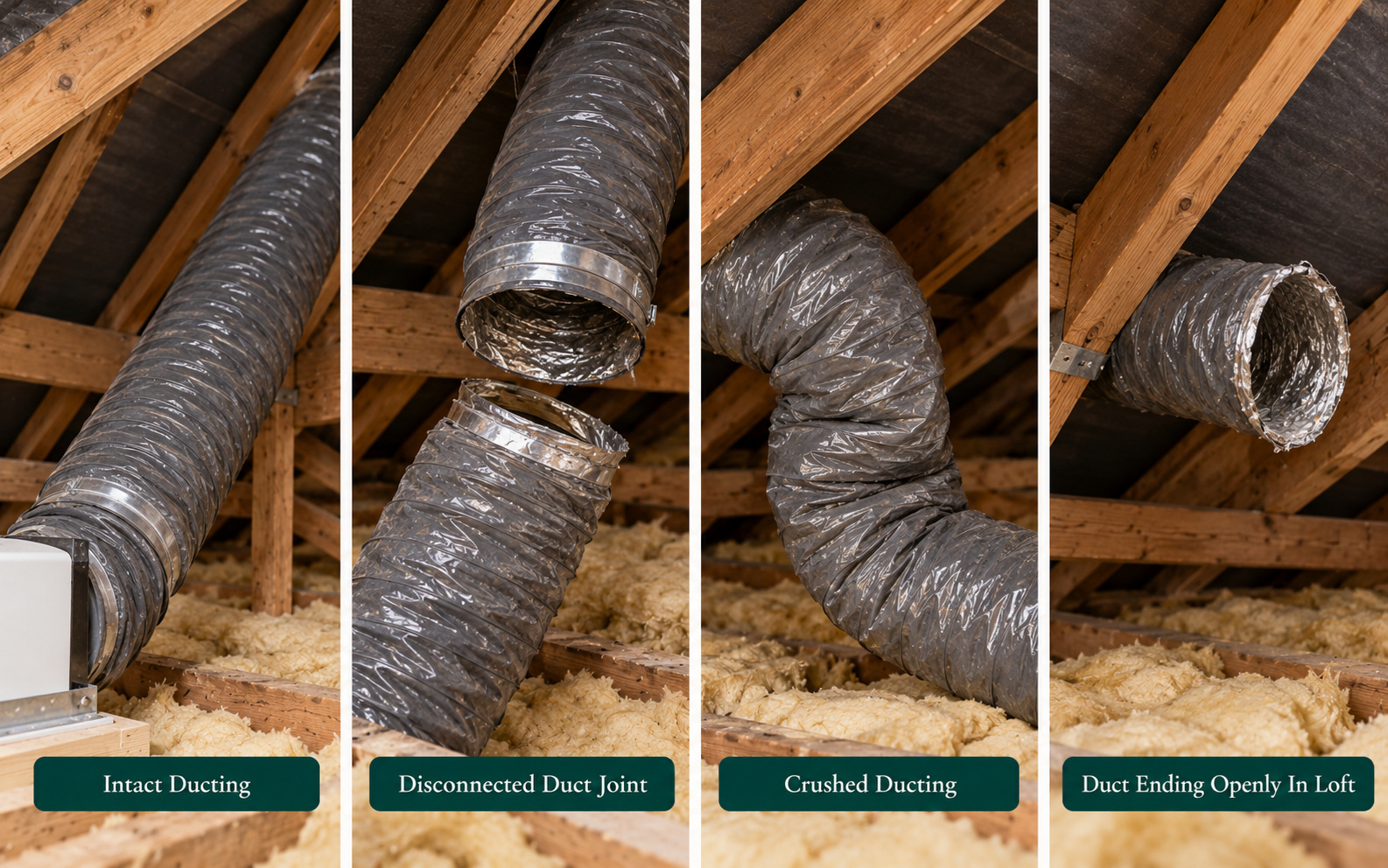 Panels showing intact ducting, a disconnected duct joint, crushed ducting and a duct ending openly within the loft.