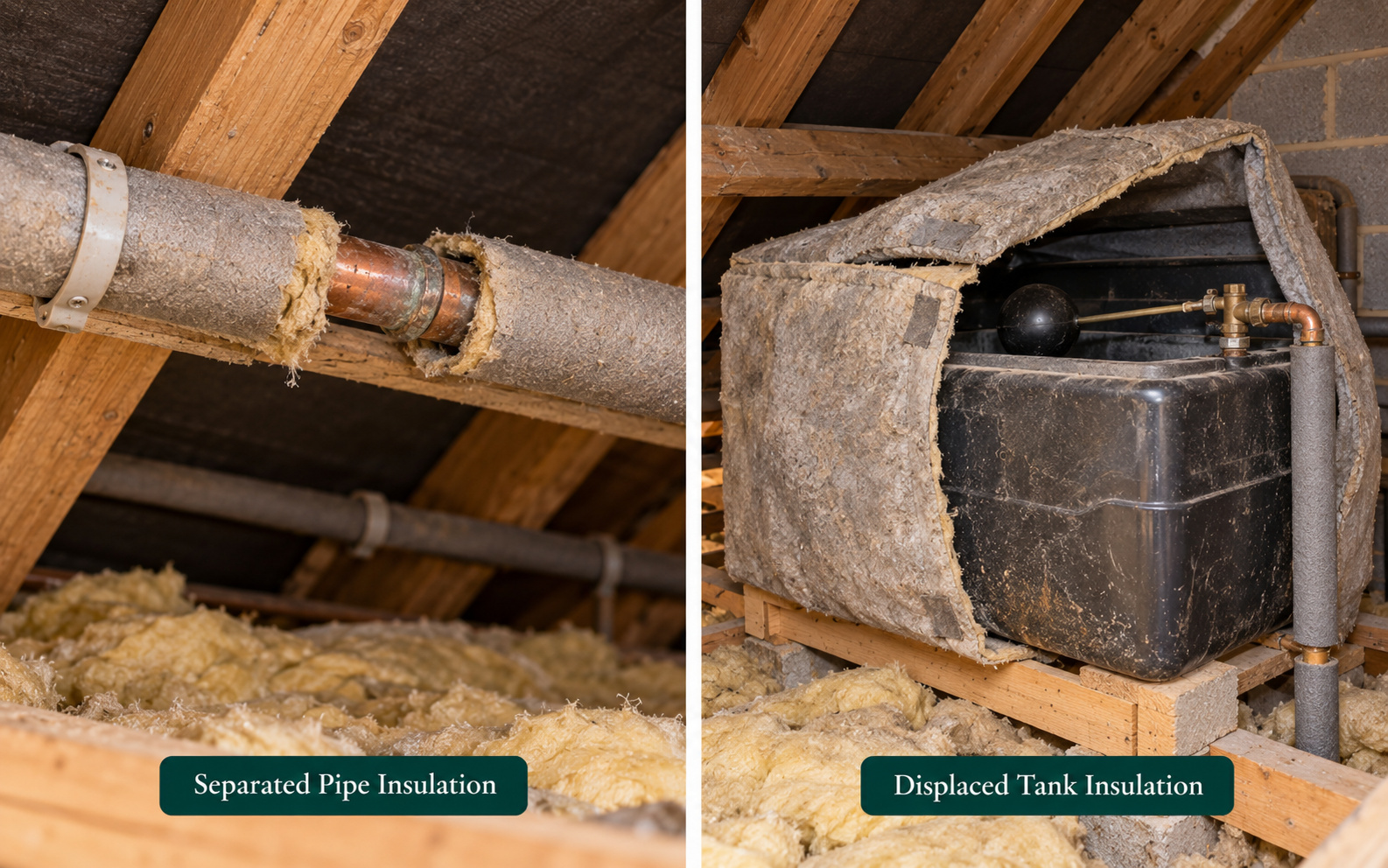 Two panels: pipe insulation separated at a joint leaving the pipe exposed, and displaced tank insulation.
