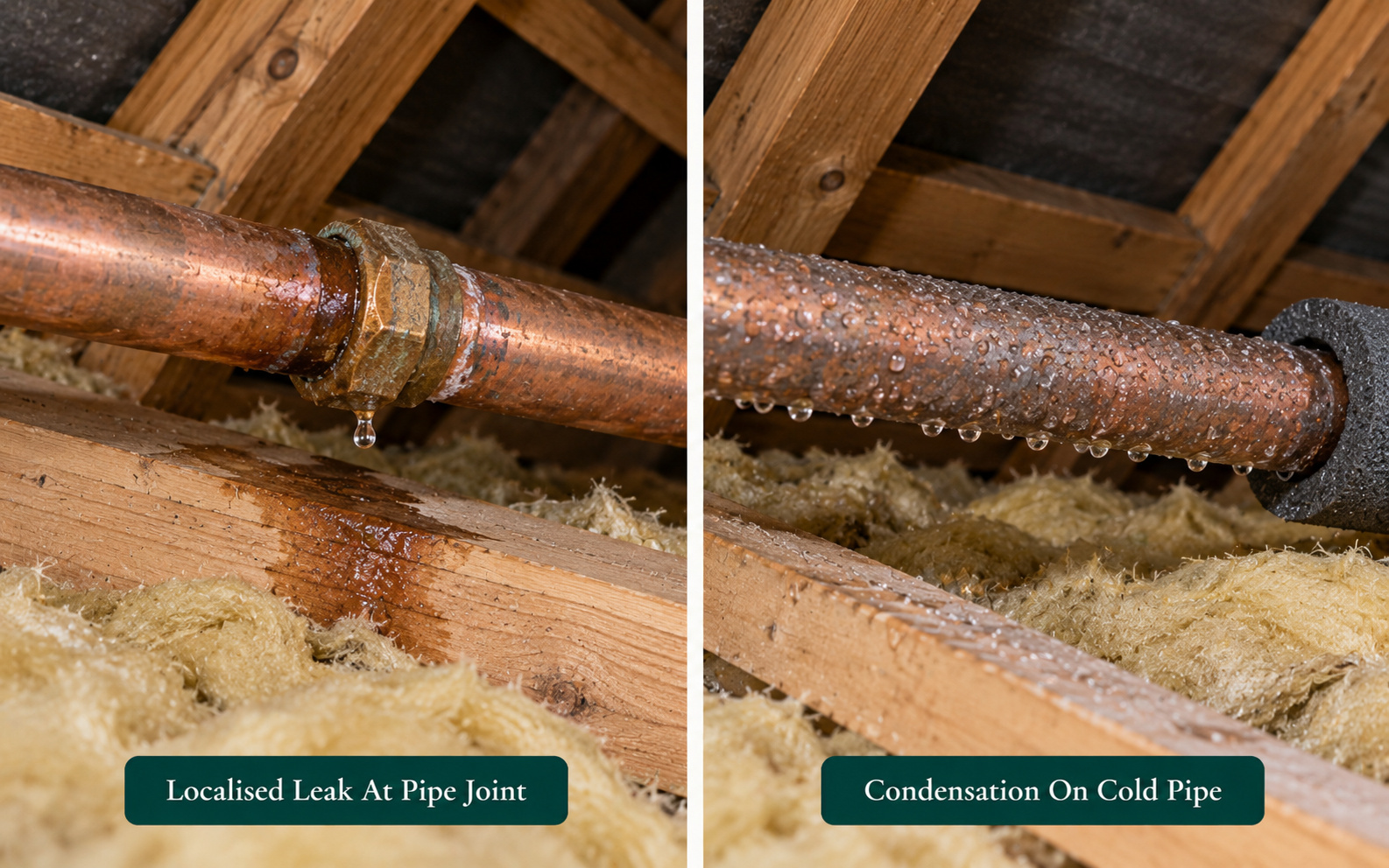 Two panels: a localised leak or staining at a pipe joint, and condensation spread over the surface of a cold pipe.