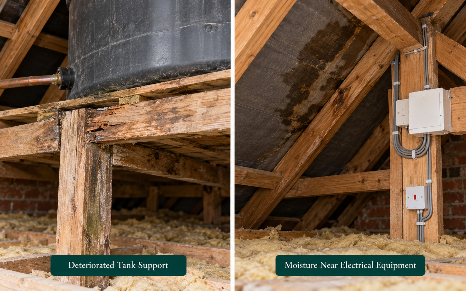 Two panels: a deteriorated tank support, and moisture near electrical equipment photographed from a distance.